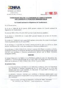 Communiqu eacute relatif agrave la diffusion du temps d 039 antenne des candidats agrave l 039 eacute lection pr eacute sidentielle du 24 mars 2024 page 0001